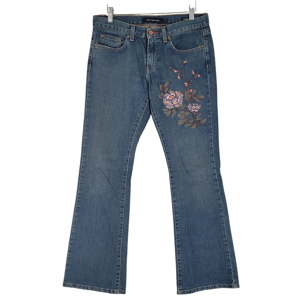 Calvin Klein Jeans Flare Women 6 Blue Good Embroidered Floral Low Rise WP45A18